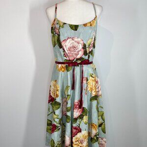 Moods Vintage Aqua Floral Mid Length Dress size 12